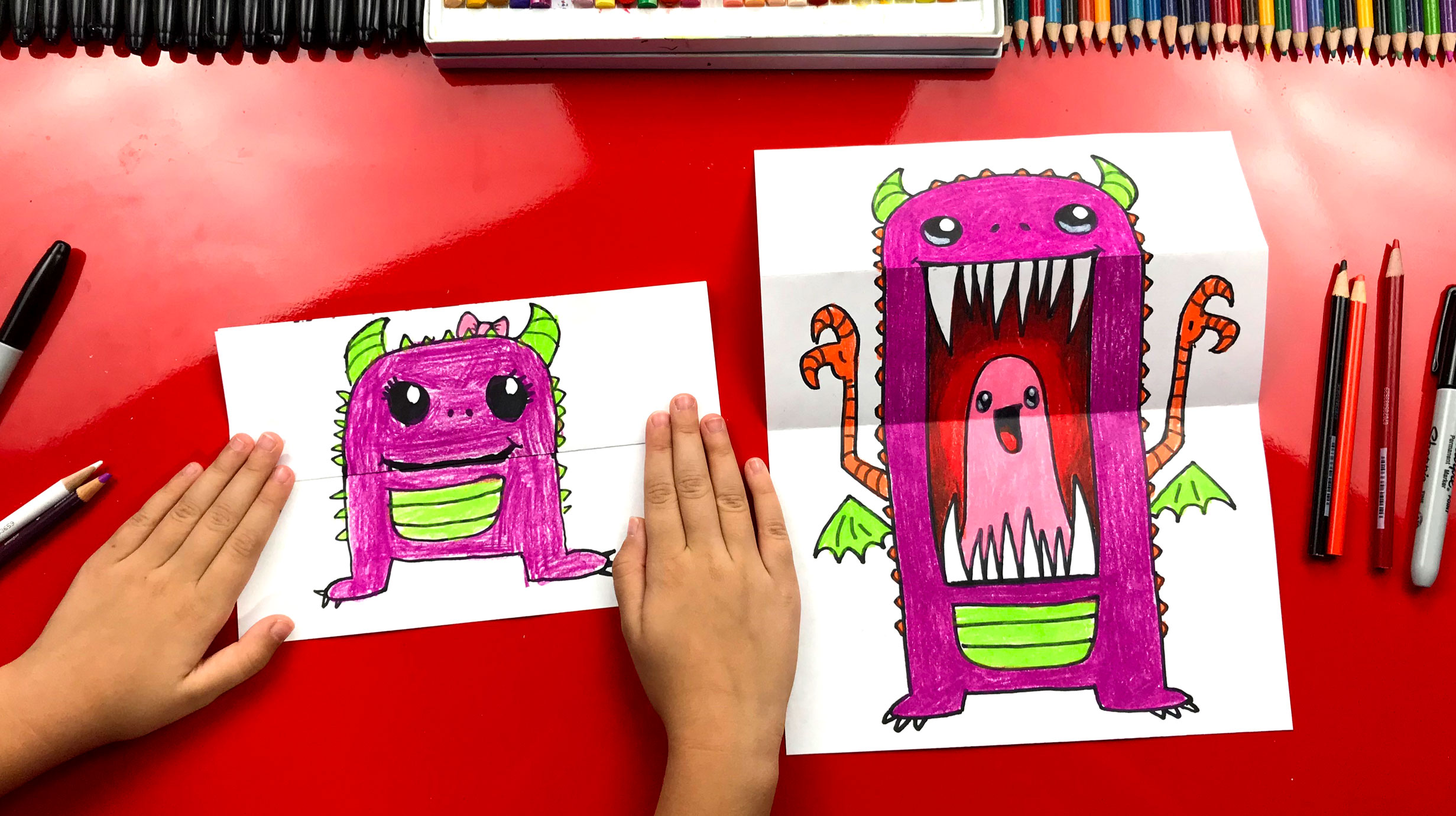 How To Draw A Scary Cute Monster (Folding Surprise) - Art For Kids Hub