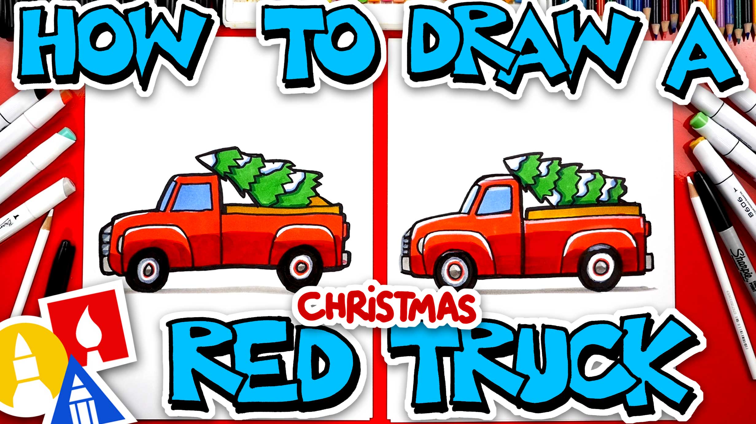 How To Draw A Red Christmas Truck With Tree - Art For Kids Hub