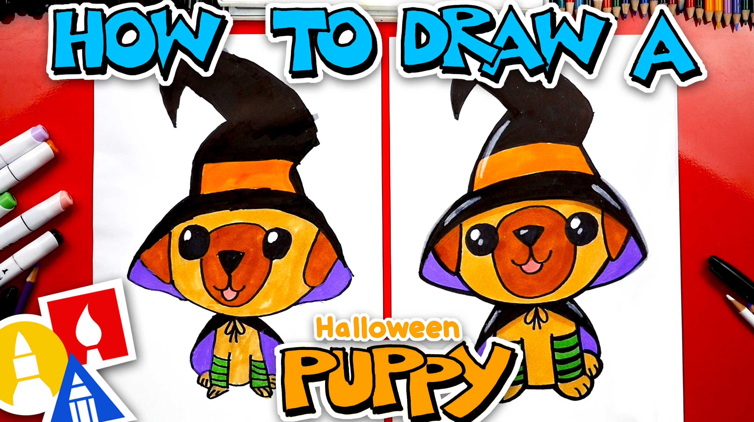 How To Draw A Halloween Puppy Witch - Art For Kids Hub How To Draw A Halloween Puppy