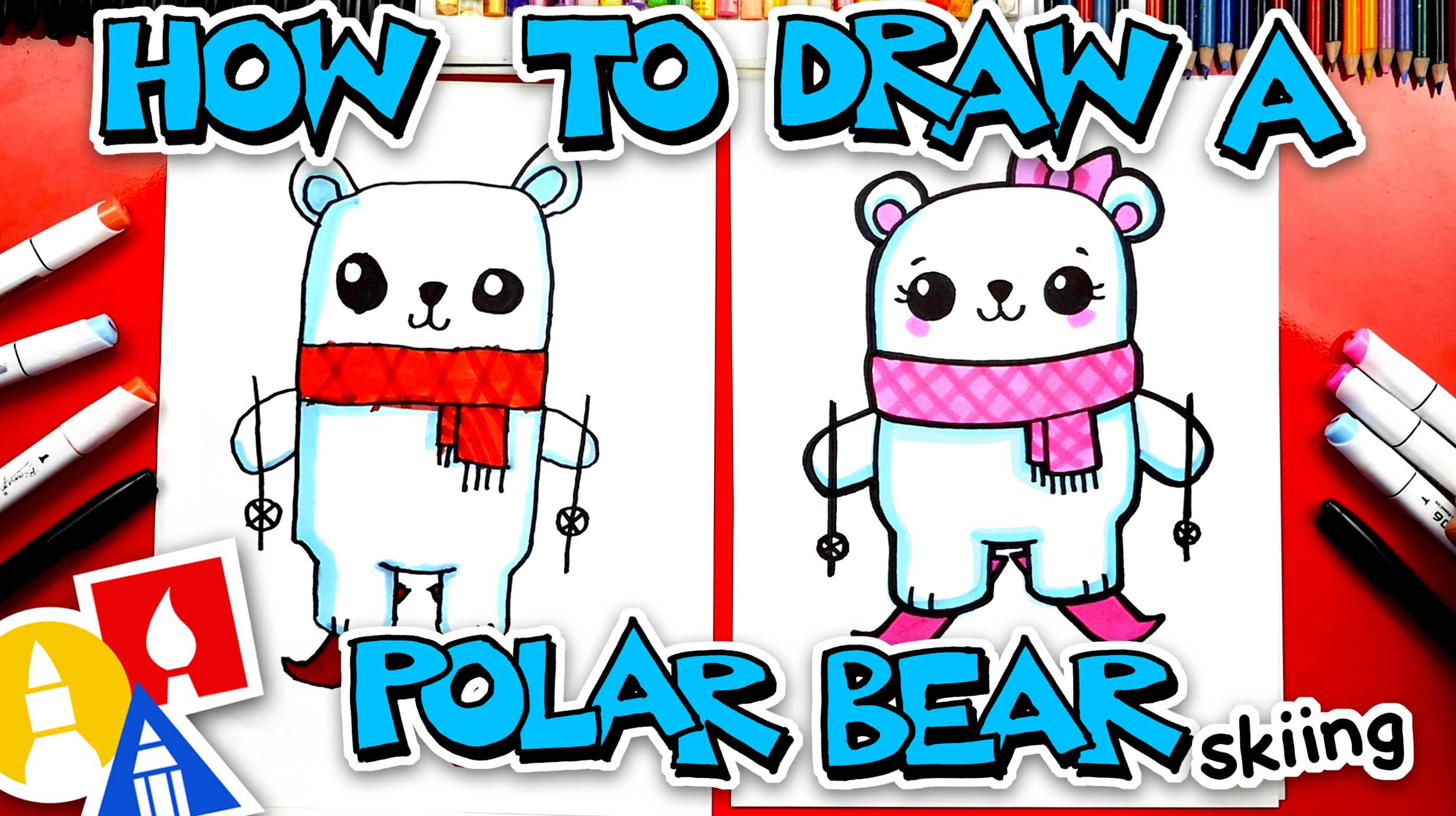 How To Draw A Funny Cartoon Polar Bear Skiing - Art For Kids Hub -
